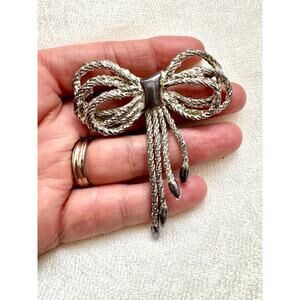 Vintage Silver-Tone Rope Bow Brooch with Tassel Drops